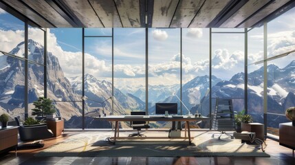 A high-tech office with large windows overlooking a breathtaking mountain landscape. 