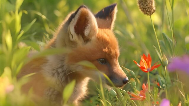 cute baby fox at flower field. 4k video animation