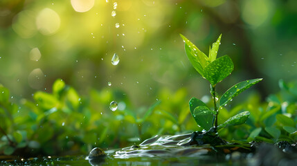 Ecology concept of water droplets on fresh green leaves bud - obrazy, fototapety, plakaty