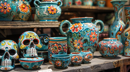 Exquisitely crafted Mexican ceramics featuring colorful skulls and traditional patterns on pottery and home decor