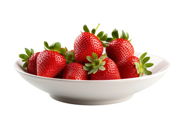 White Bowl Filled With Ripe Strawberries. On a White or Clear Surface PNG Transparent Background.