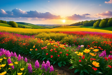 Fototapeta premium hill where spring blooms, Generative AI