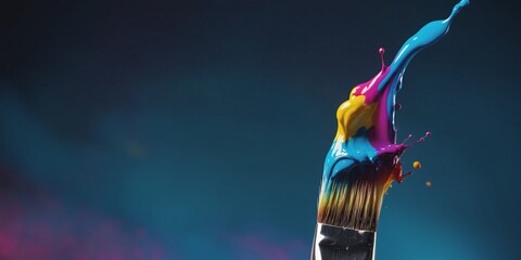 A close-up photo of a paintbrush with bristles loaded with a splash of colorful paint against a blue background.