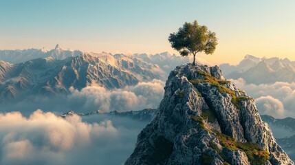 A lone tree standing tall on a mountain peak, symbolizing the sense of accomplishment after...
