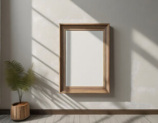 Minimal wooden picture poster frame mockup on white wallpaper. Generative AI.
