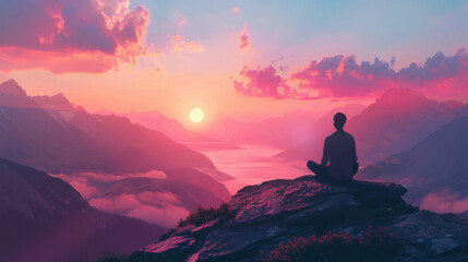 A serene scene of an individual meditating on a mountain peak during a vibrant sunrise, embodying peace and mindfulness. - obrazy, fototapety, plakaty