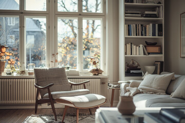 Elegant and modern living room interior with cozy decor elements