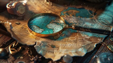 A magnifying glass inspecting a tick mark on a treasure map, hinting at a hidden location. --ar...
