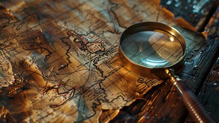 A magnifying glass inspecting a tick mark on a treasure map, hinting at a hidden location. --ar 16:9 Job ID: b19d9b04-7622-456f-bb89-eb9884eb696a - obrazy, fototapety, plakaty