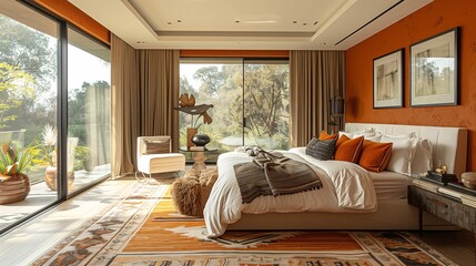 Modern Bedroom with Nature View and Autumn Color Accents