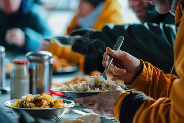 A person in a yellow jacket receives a hot meal in shelter, with steam rising from the plate. - obrazy, fototapety, plakaty
