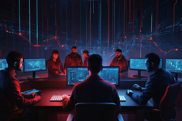 Cybersecurity battle scene with blue and red teams against breach, encryption, and AI threats in intense high-tech setting.
