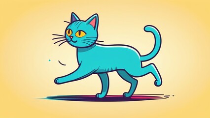 A vibrant illustration of a blue cat in a playful stance, set against a stylized backdrop