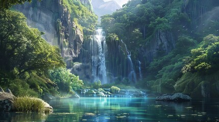 A majestic waterfall cascading down lush green cliffs into a crystal-clear pool.