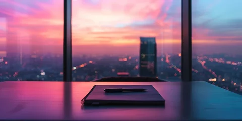 Rolgordijnen Notebook on a table overlooking a cityscape at sunset with beautiful pink skies. © Larisa
