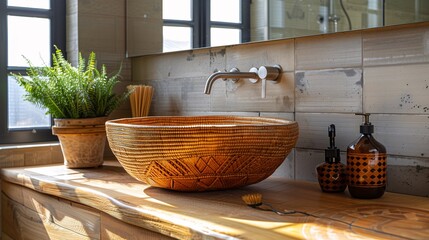 Modern Bathroom with Woven Basin and Wooden Countertop