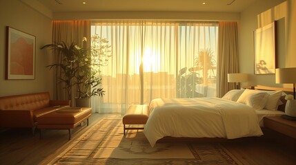 Modern Bedroom Interior with Sunset View Through Window