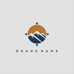 sun mountain and compass in circle adventure travel logo vector