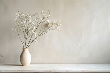 A vase with white flowers on a pale table against a textured background.