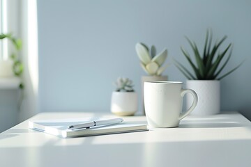 A serene workspace with a coffee mug, plants, and notebook on a white table.