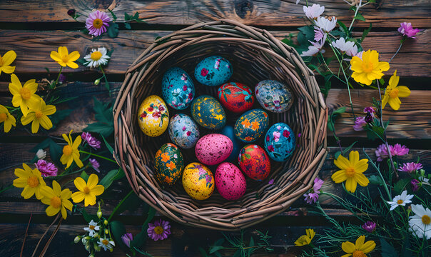 Easter-themed photo, colorful eggs in a wicker basket on wooden planks, Generative AI 