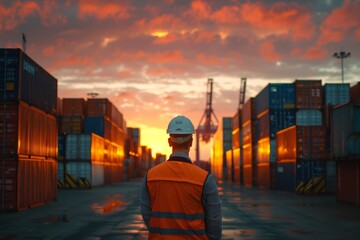 Man stand see sunset at logistics area with systematic multiple container. - obrazy, fototapety, plakaty