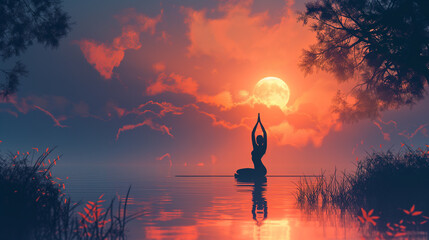 silhouette of a woman in yoga pose against the background of a serene sunset