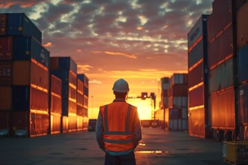 Man stand see sunset at logistics area with systematic multiple container.