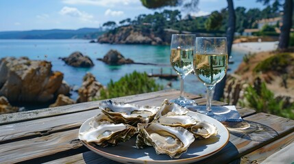 Sumptuous Oysters and White Wine by the Sea, A Perfect Day Out. Casual Dining Experience with a Coastal View, Ideal for Travel and Gastronomy Content. AI