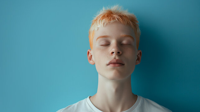 
Calm adult albino man with closed eyes on blue background
