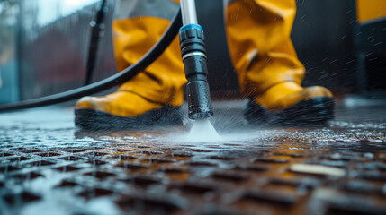 
Close up of worker cleaning driveway with gasoline high pressure washer .High pressure deep cleaning. Professional cleaning services
