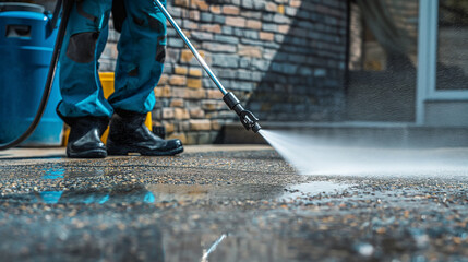 
Close up of worker cleaning driveway with gasoline high pressure washer .High pressure deep cleaning. Professional cleaning services - obrazy, fototapety, plakaty