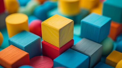 Obraz premium Colorful toy building blocks are displayed on a blue background 
