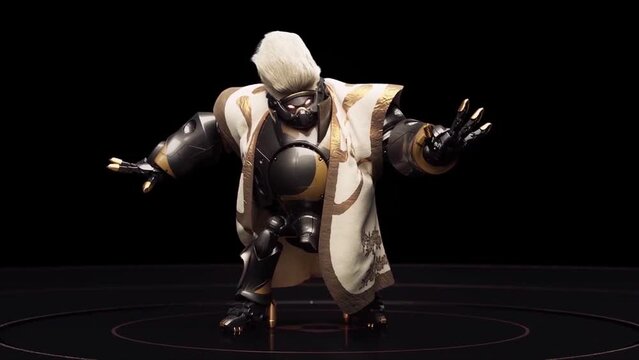 The combat robot dances and shakes its hair