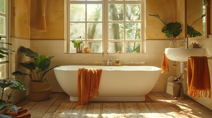 Modern Bathroom Interior with Sunlit Window and Houseplants