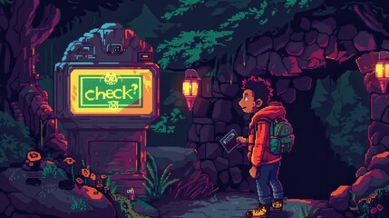 A pixel art illustration of a character in a video game redeeming a "check" for in-game rewards.