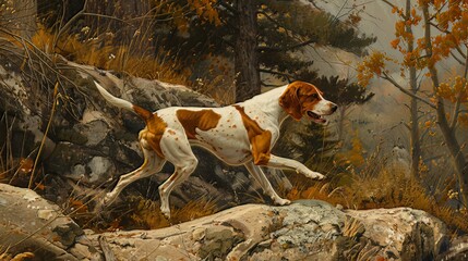 Accompanied by his faithful foxhound, the hunter traverses the rugged terrain, their synchronized movements a testament to their years of partnership in the pursuit of quarry 