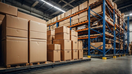 Effiziente Lagerhaltung und Warenorganisation in einer modernen Logistikhalle - obrazy, fototapety, plakaty