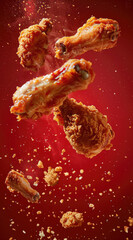 A huge fried chicken leg floats in the air, surrounded by golden red powder and particles of hot sauce splashing around it.
