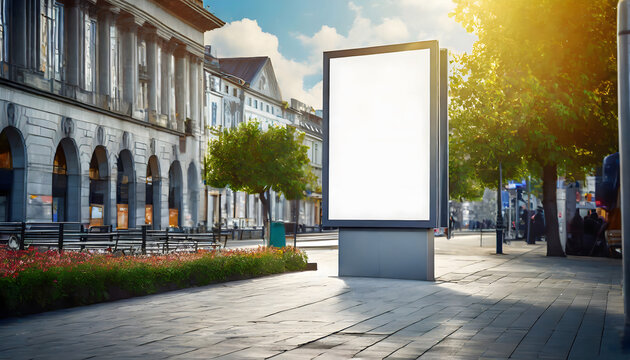A blank advertising billboard placeholder template on the city street; an empty mock-up. Generative AI.