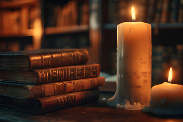 vintage library with antique books and soft candlelight, creating an atmosphere of wisdom and knowledge, book day concept, generative ai