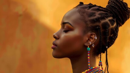 Profile portrait of a young African woman with intricate braids, wearing colorful beads, against a simple, earth-toned background, soft side lighting to accentuate her features - obrazy, fototapety, plakaty