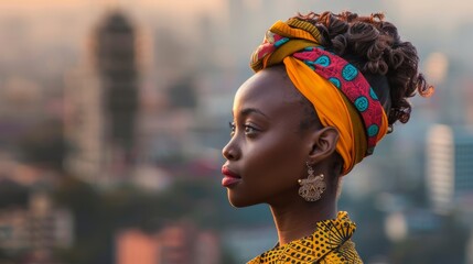Photo of a young African woman in a modern city setting, blending traditional and contemporary styles, with the cityscape blurred behind, natural daylight