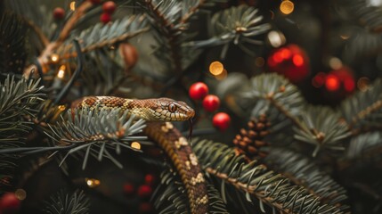 snake hiding in the branches of a decorated christmas tree, symbol of a lunar year 2025, horoscope mascot