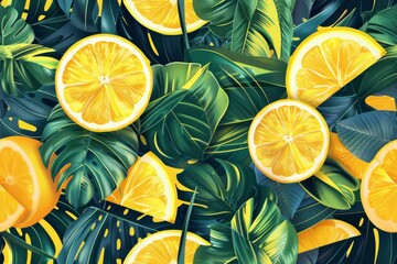 A seamless design featuring bright yellow citrus wedges intermixed with lush leaves, evoking a sense of natural vitality and energy, perfect for healthy lifestyle themes. - obrazy, fototapety, plakaty
