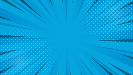 Blue pop art comic sunburst effect background with halftone. Cartoon abstract vector background. Suitable for templates, sales banners, events, ads, web, and pages