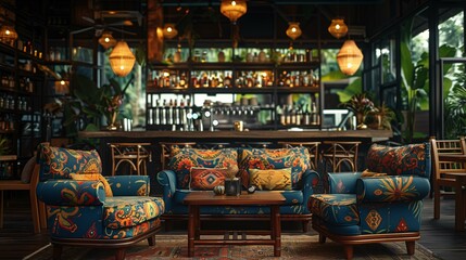 Elegant Tropical Bar Interior with Patterned Armchairs
