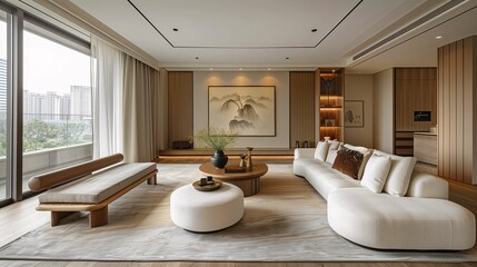 Fototapeta na wymiar Modern Living Room Interior with City View