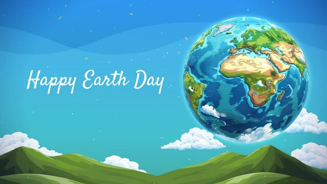 3d looped cartoon of spinning earth with happy earth day copy with blue sky background