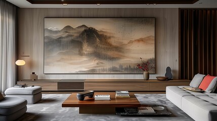 Modern Living Room Interior with Large Mountain Artwork